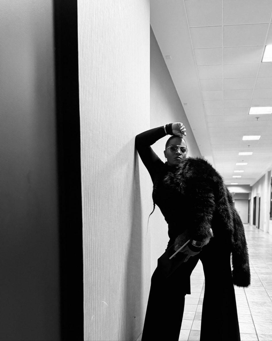 B&W editorial — fur coat posing