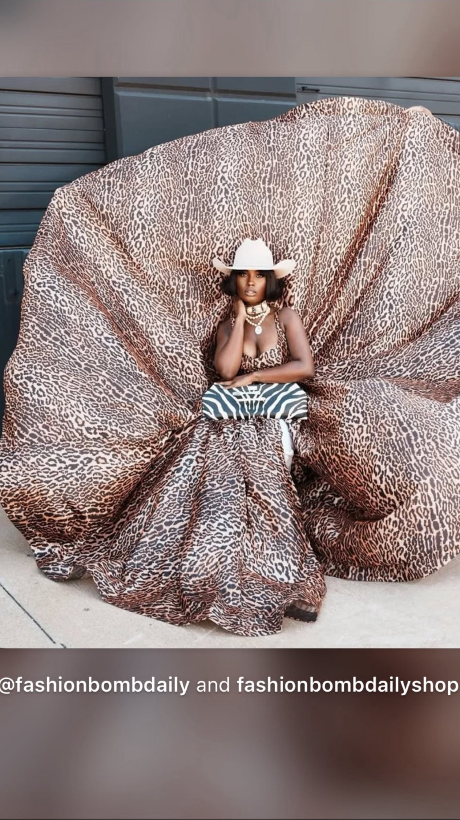 FashionBomb — leopard gown seated