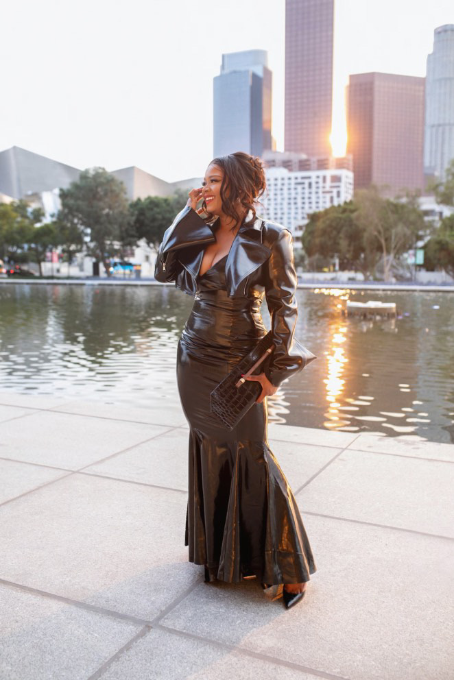 LA skyline black latex gown