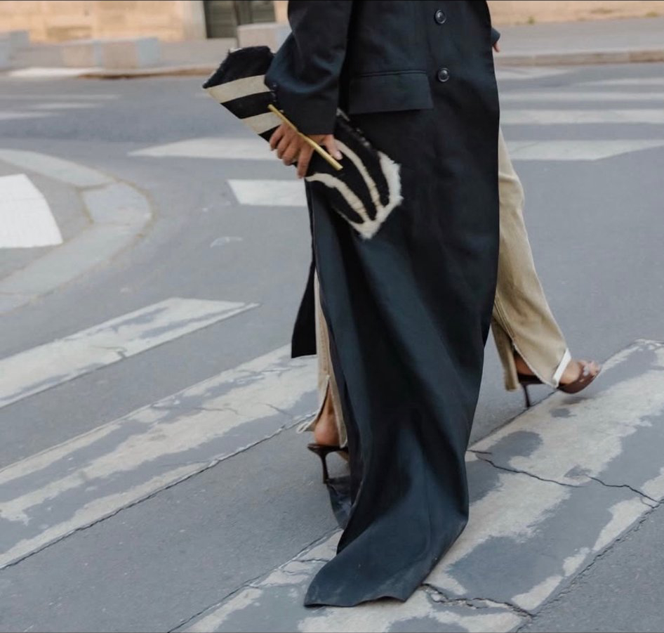Paris street — walking with zebra clutch